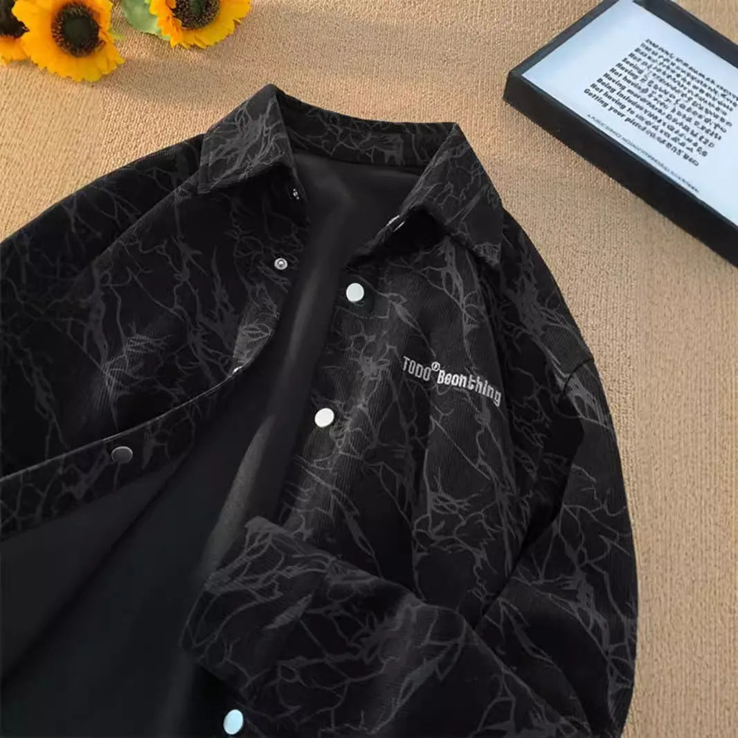 Men's embroidered retro corduroy shirt in black, loose fit cardigan style with long sleeves