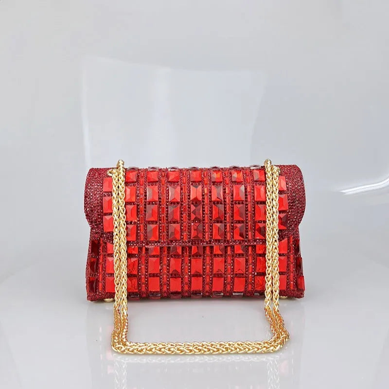 Shiny glass rhinestone chain clutch bag with dedicated phone compartment in retro style
