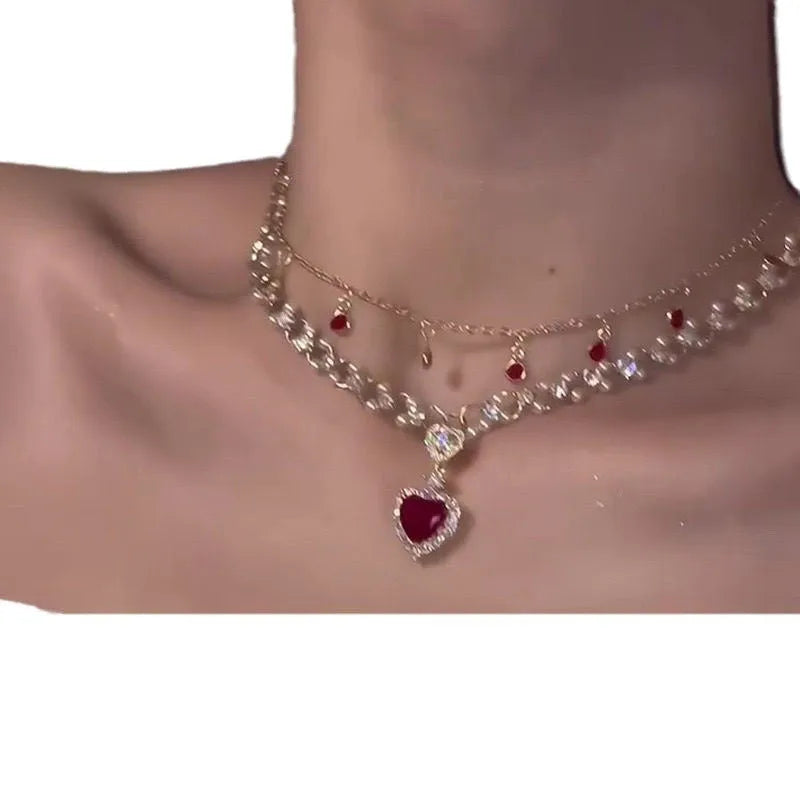 Red love heart pearl pendant on double-layer alloy necklace with adjustable 41-50cm chain