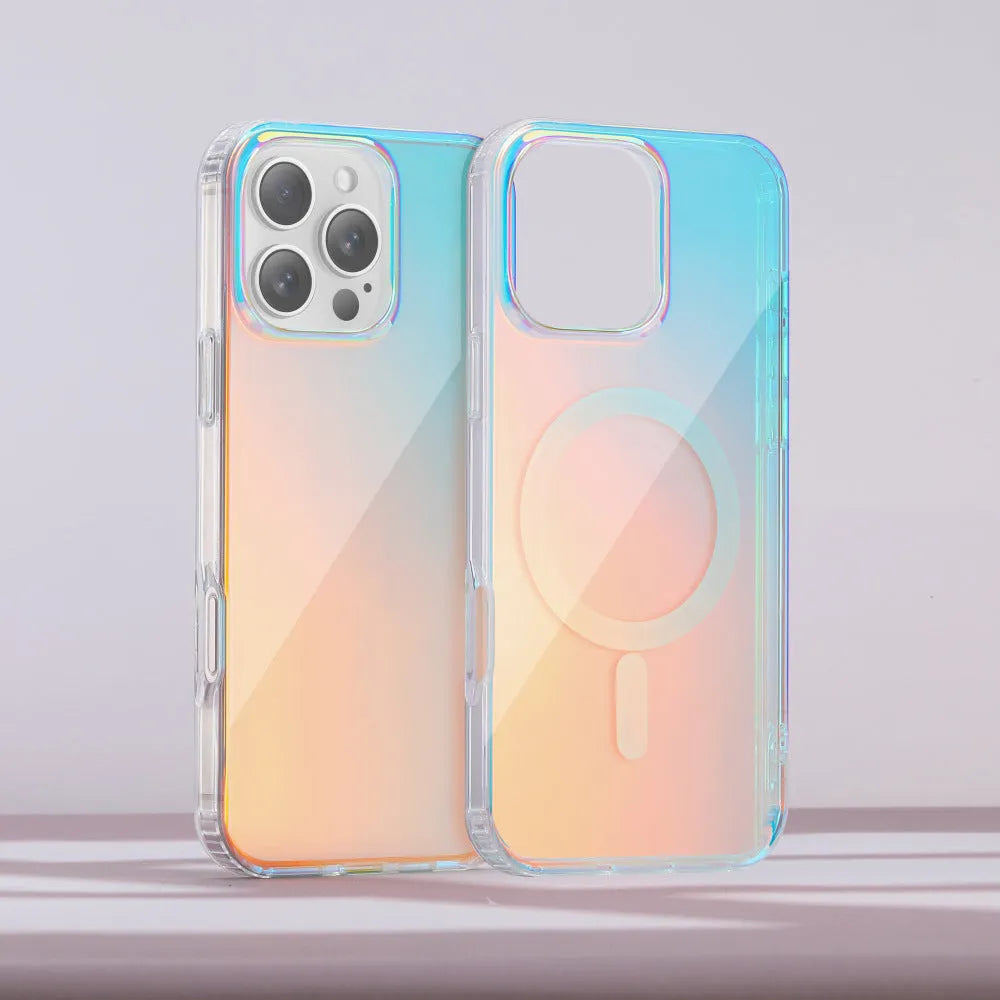 Glossy transparent magnetic iPhone case with chameleon colour-shift design on a smartphone.