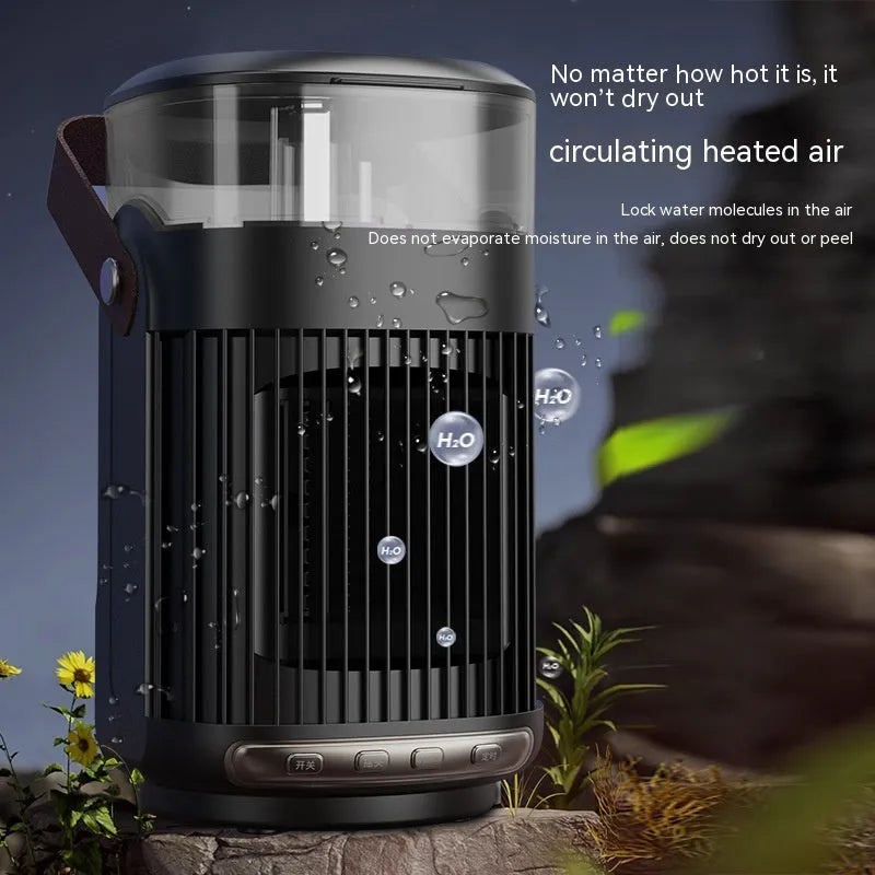 Black portable heater with humidifier measuring 24x13x13cm with front control panel