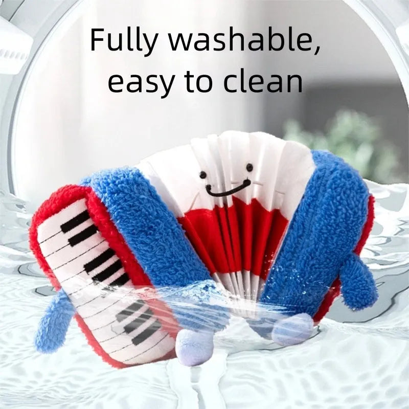 Blue accordion dog squeak toy with food hiding compartment on white background