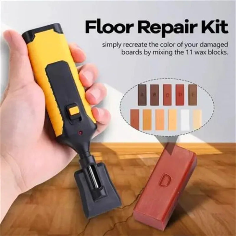 Floor repair kit with wax sticks and manual tools for DIY tile restoration