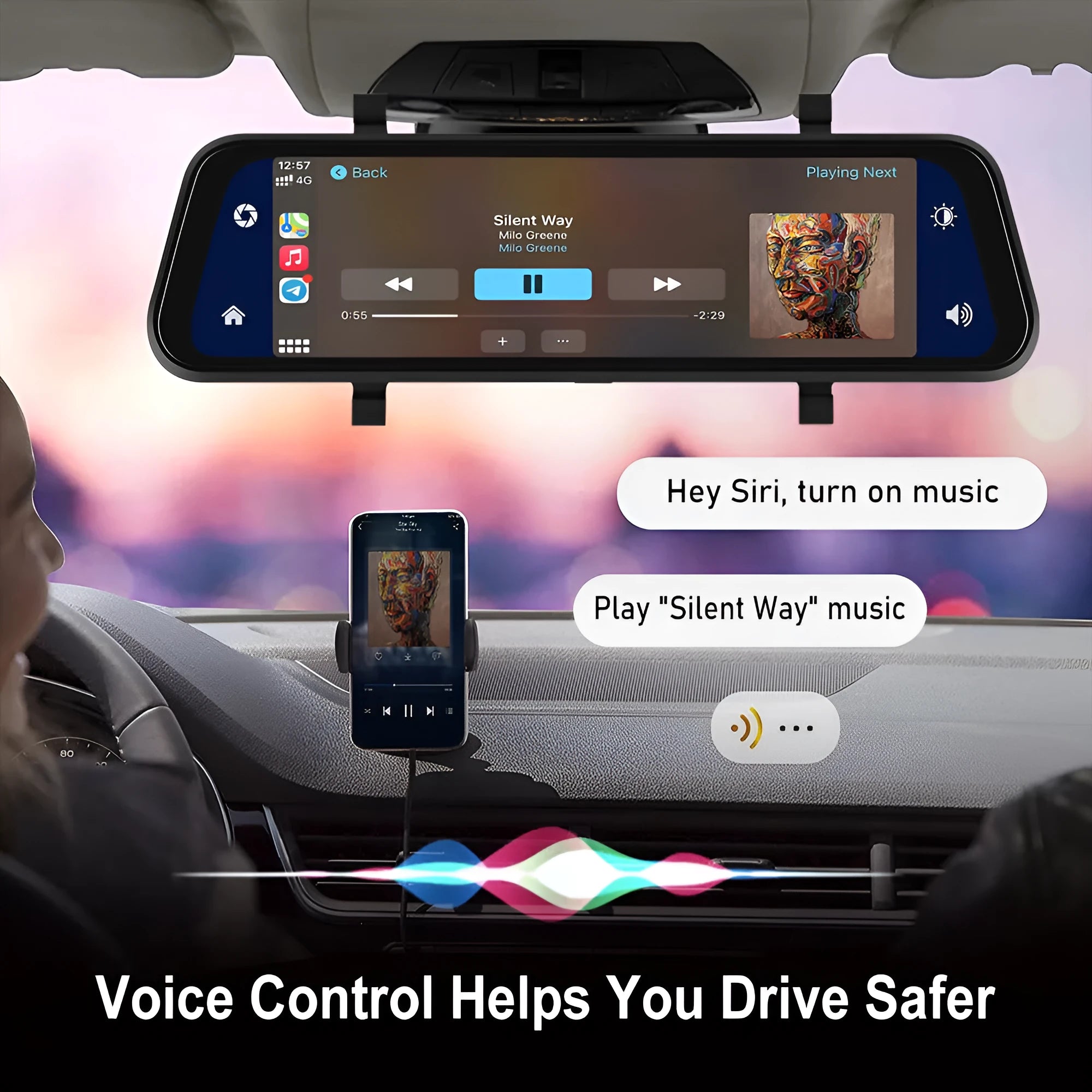 9.66-inch HD rearview mirror dash cam with CarPlay and Android Auto on car windshield