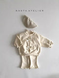 Girls cotton top and pants set in solid colour with wooden ear detail and matching hat