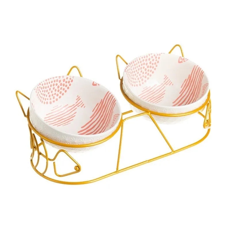 Ceramic double cat bowl set with fixed tilted stand, 26.5 x 12.5cm, 300ml bowls in white with gold cat ear stand