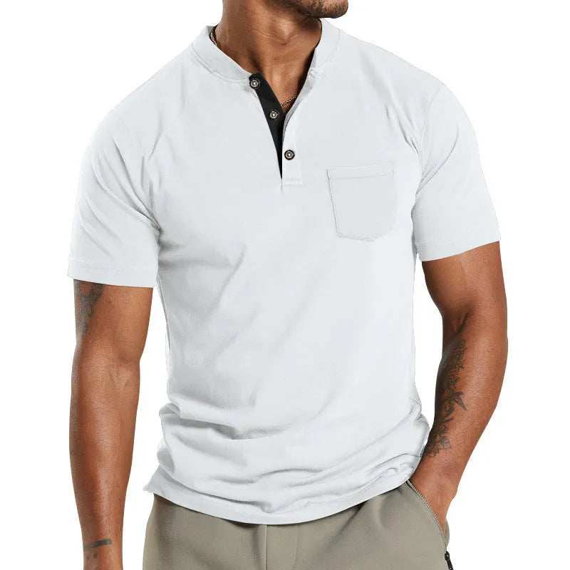 Men's plus size short sleeve button-down shirt in light khaki with a chest pocket.