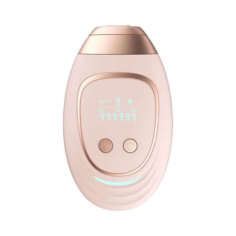 Pink and white three-in-one ice-sensing laser hair removal device with shaver attachment and glasses
