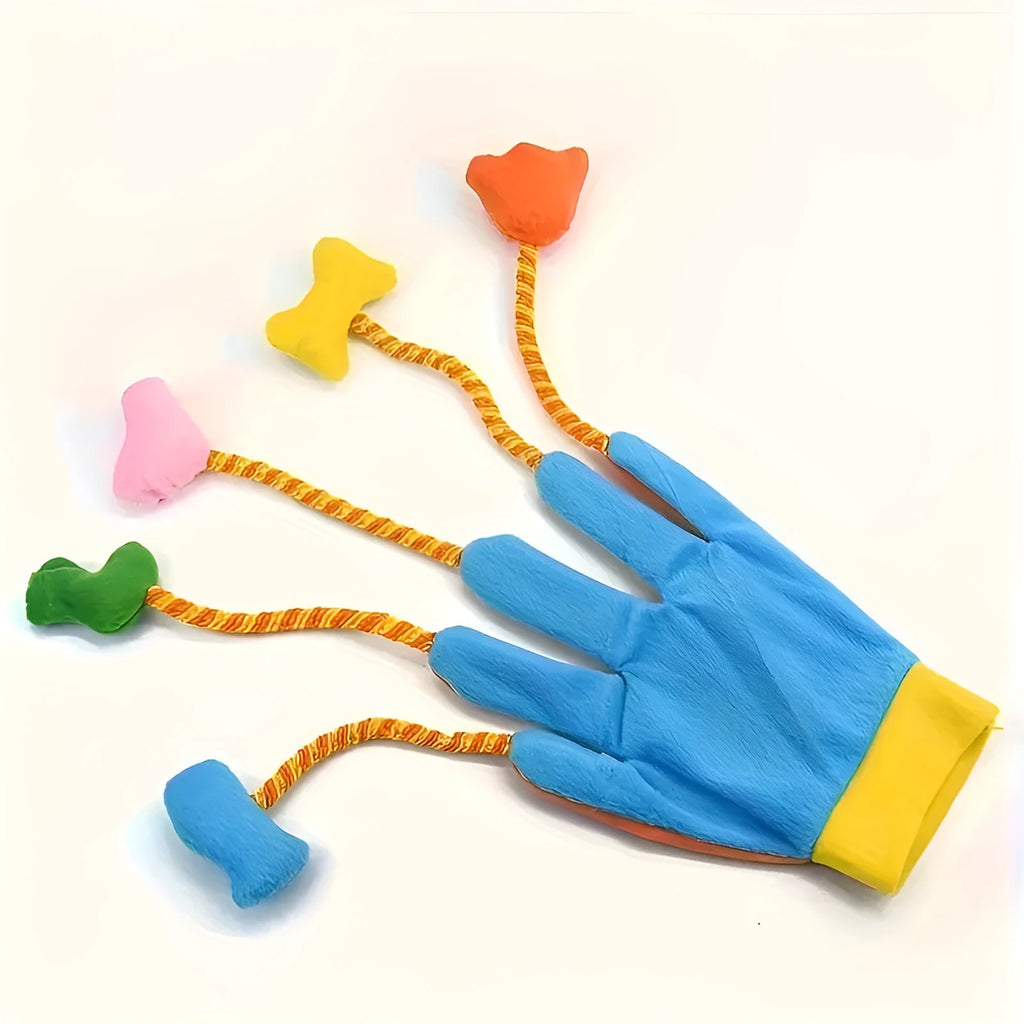 Yellow and blue plush magic glove cat toy with bell and trailer measuring 40cm long