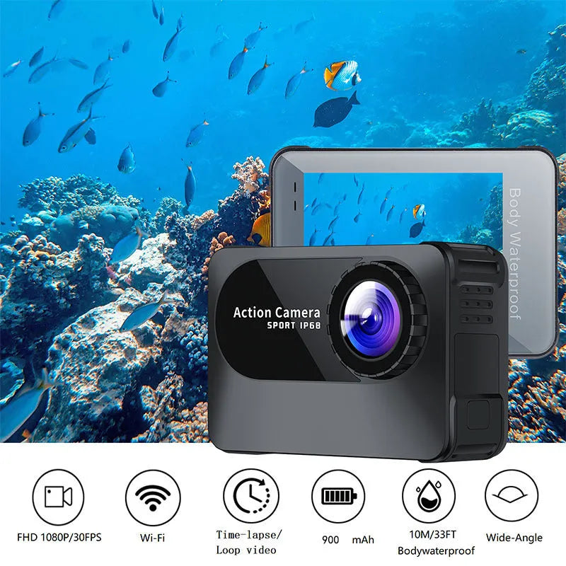 Black compact action camera with touchscreen, shown for outdoor sports and dashcam use.