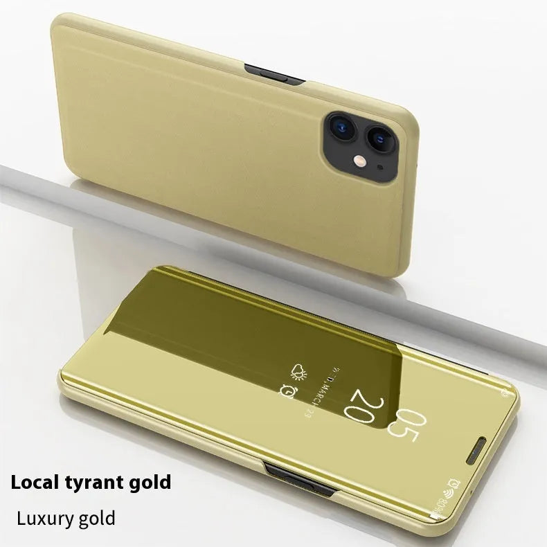 Electroplating mirror flip vertical leather phone case for iPhone in black with built-in bracket stand