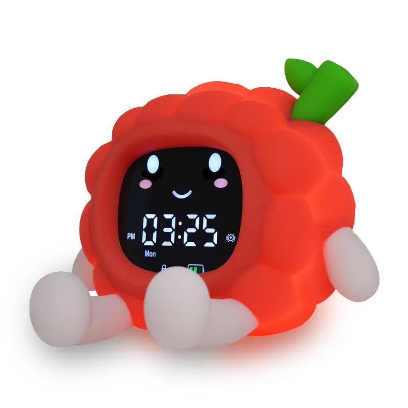 Cartoon lychee alarm clock with white noise feature, silicone shell in litchi colour, and mobile phone holder