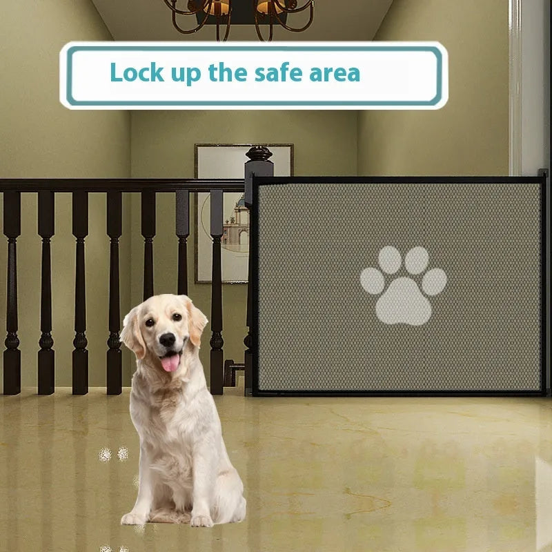 Portable punch-free dog barrier net fence showing cloth material with plastic rod construction and pet doorsill design