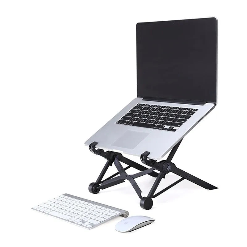 Sagacious black folding laptop stand with enhanced nylon construction showing portable design