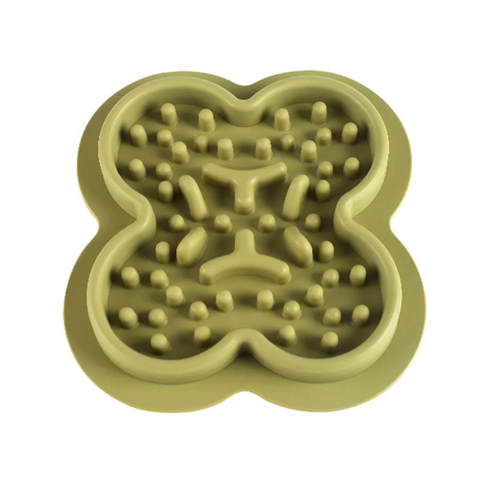 Silicone slow feeder licking pad for pets in various colours on a kitchen counter.