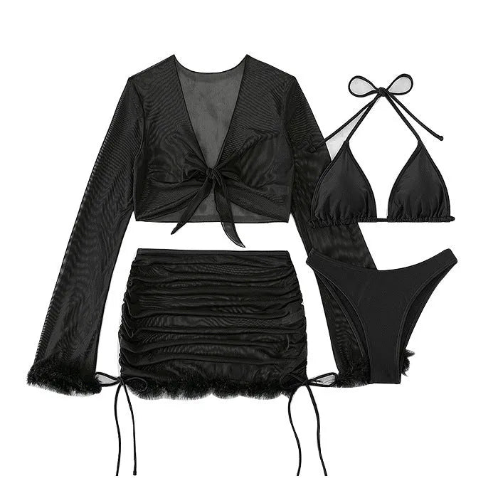 Black women's bikini set with long sleeves and briefs bottom for swimming