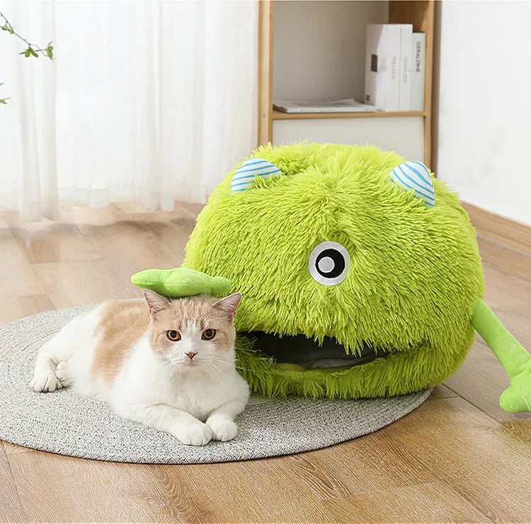 Fluffy round plush cat bed with a non-slip base, shown in three sizes.