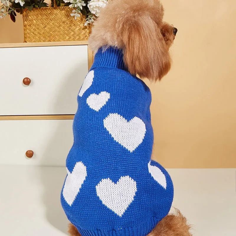 Dog knitted sweater in pink acrylic with love theme, sizes S to XXL for Valentine's Day