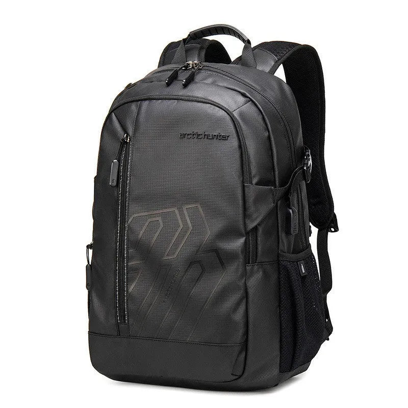 Casual plaid computer backpack with curved shoulder strap in black, blue, grey or orange colours