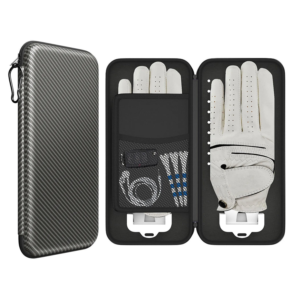Silver grey golf glove storage bag with two metal support brackets
