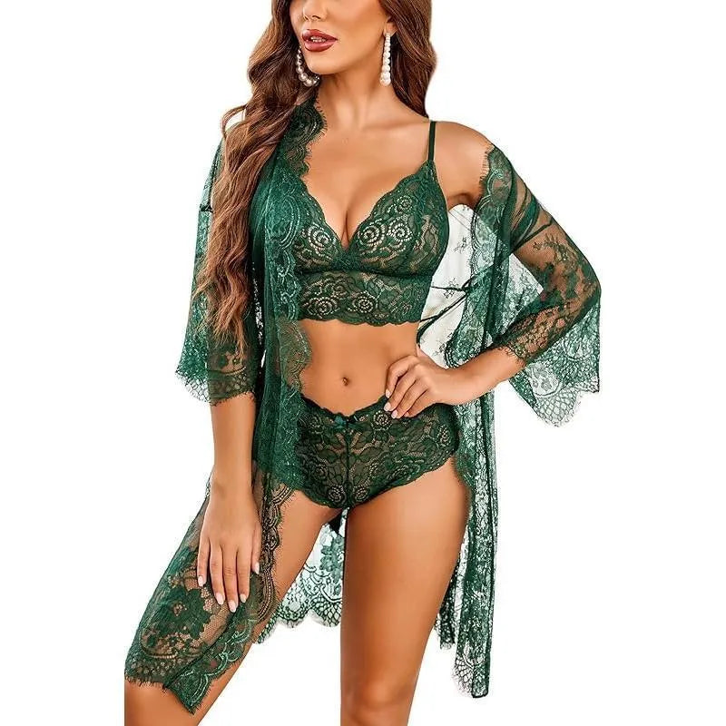 Ladies lace underwear set in apricot colour made from polyester fabric.