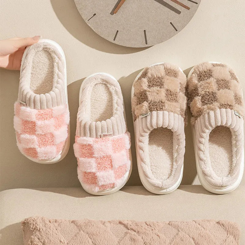 Women's plaid plush slippers with anti-slip PVC sole and round toe design