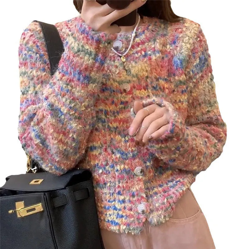 Retro style acrylic knitted cardigan sweater with toothbrush hair texture in pink or green colour options