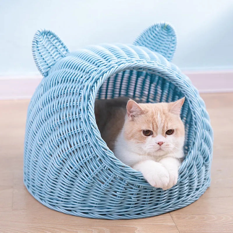 Semi-enclosed hand-knitted imitation rattan cat house with bear ear top in beige
