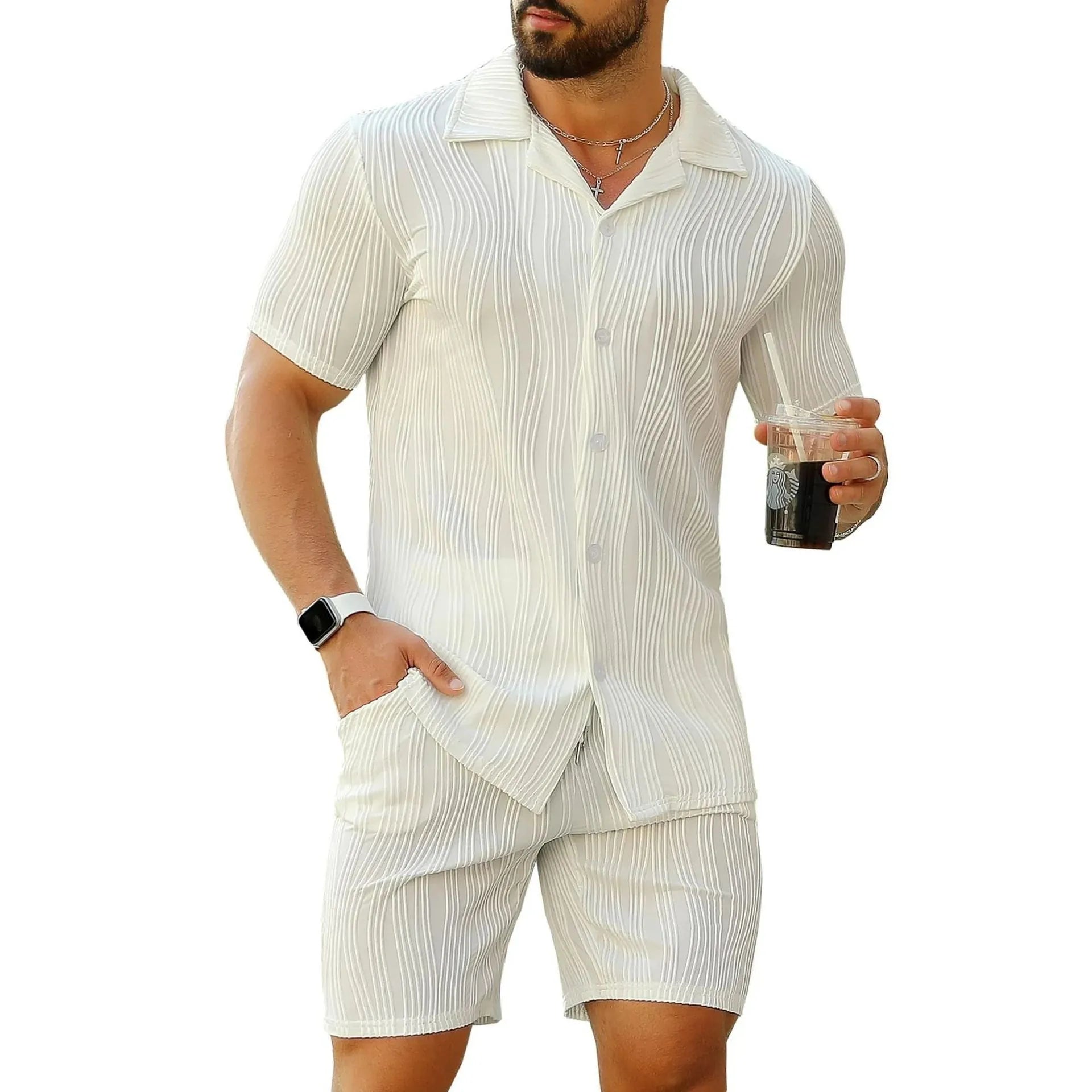 Men's black cotton blend short sleeve shorts set with wave pattern design