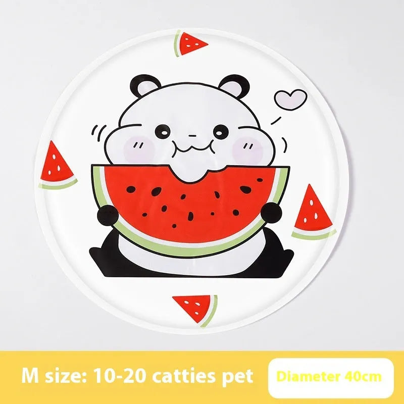 Round pet cooling mat with cartoon animal design for dogs in beige bunny pattern