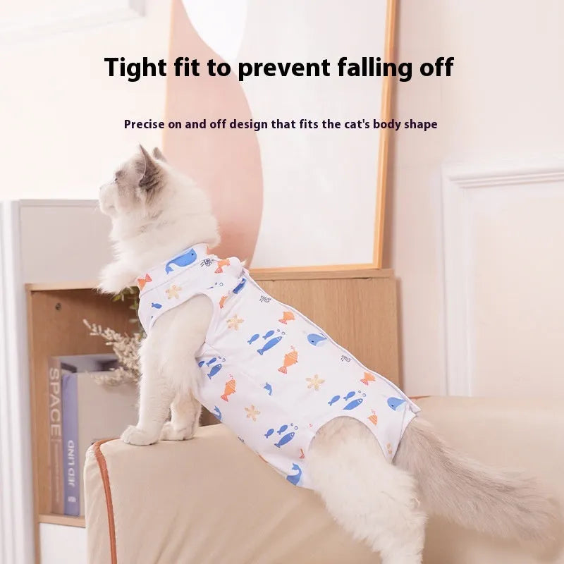 Cat wearing post-operative sterilisation suit with Velcro closure in multiple size options