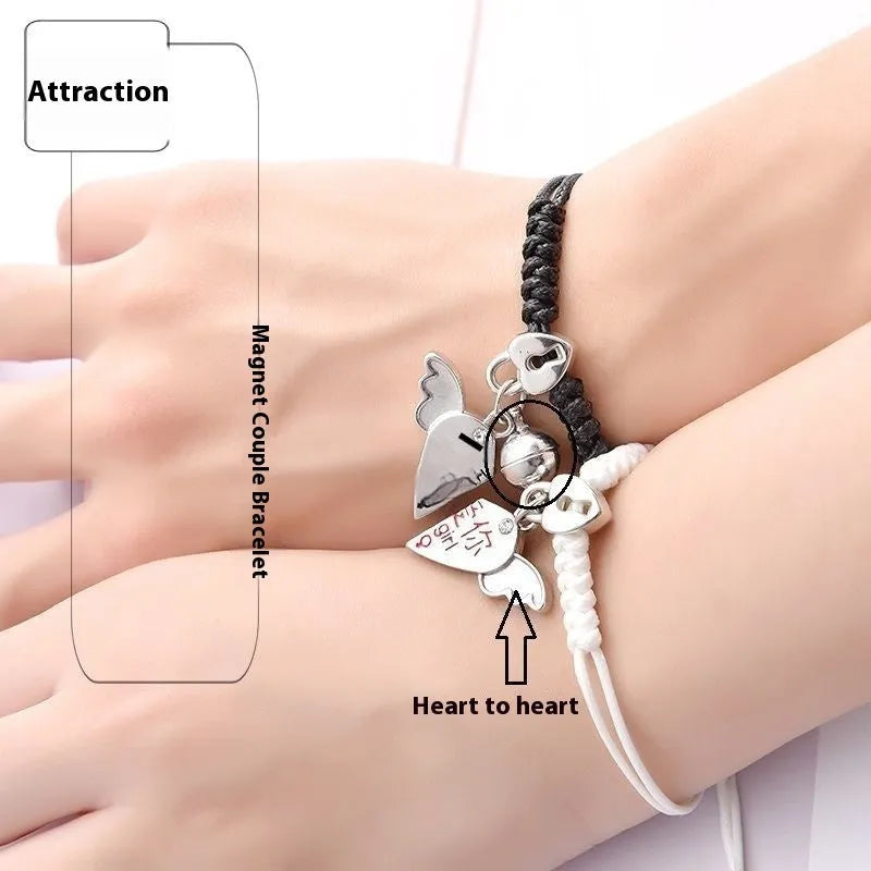 Magnet couple bracelets with electroplated finish showing magnetic clasp and symbolic design options