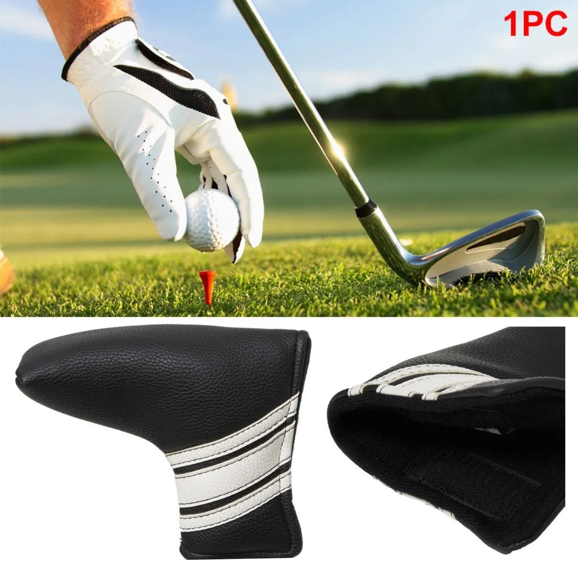 Black PU leather golf club head cover and push rod protective sleeve