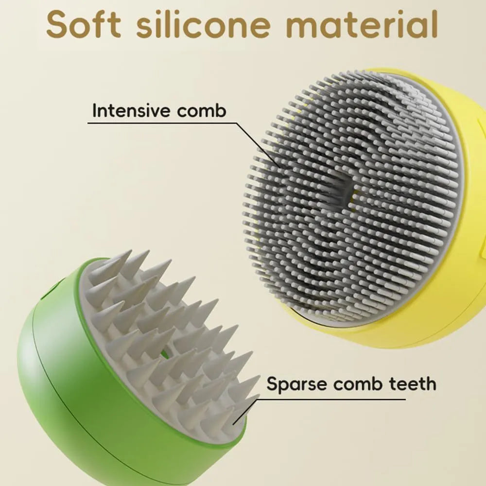 Green and yellow rechargeable silicone cat steam brush for grooming, shown with ergonomic handle.