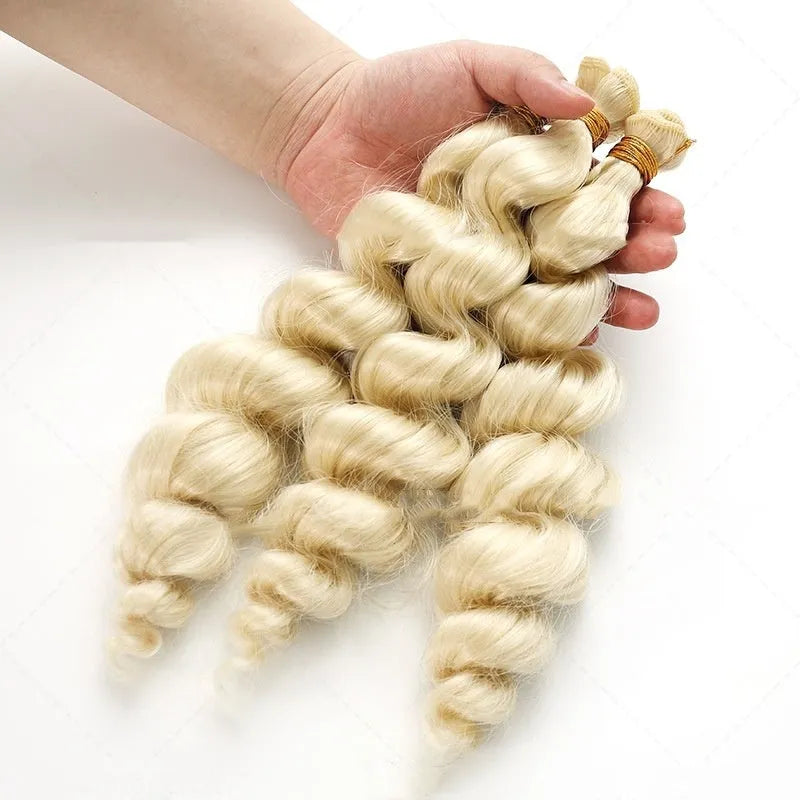 Golden synthetic fibre wig for women shown in 18-inch, 20-inch, and 22-inch length options.