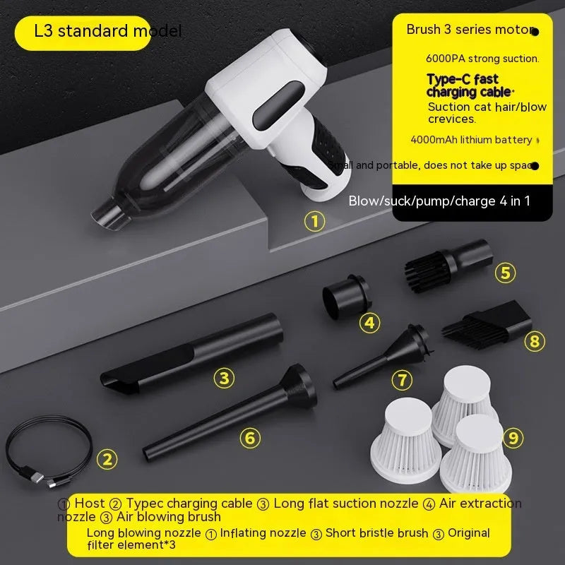Black cordless handheld car vacuum cleaner with attached brush nozzle and charging cable.