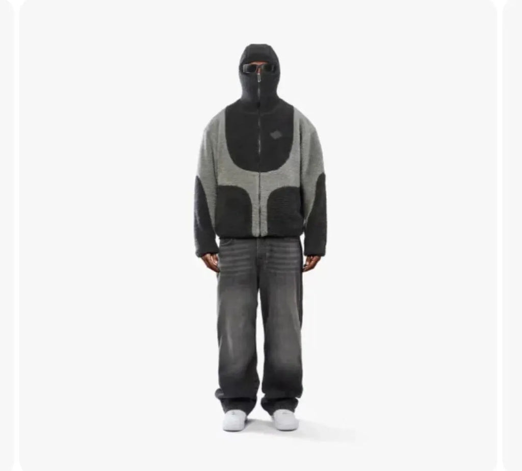 Men's lamb wool hooded zipper coat sweatshirt patchwork line design casual top in dark gray