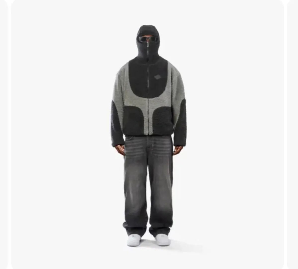 Men's lamb wool hooded zipper coat sweatshirt patchwork line design casual top in dark gray
