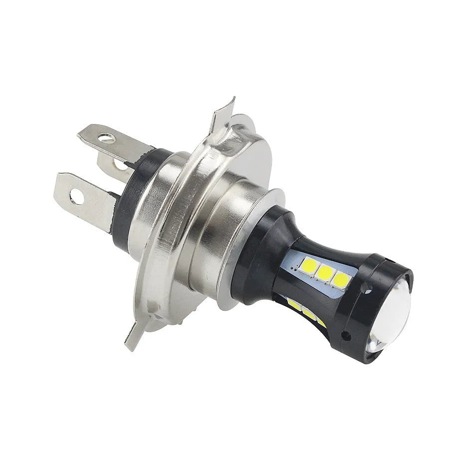 H4 two-color LED motorcycle headlight bulb with aluminium body and glass lens
