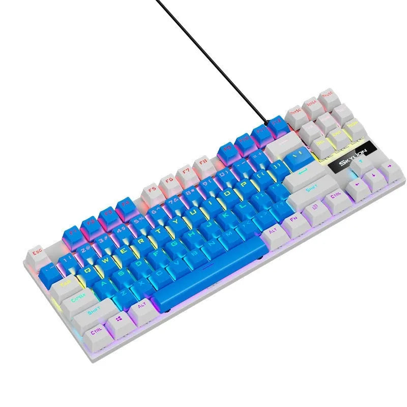 K87 mechanical wired keyboard with green or red axis switches, metal construction, and 1.4 metre cable in various colour options