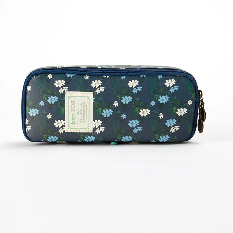 Canvas composite stationery pen storage bag 190x80x40mm in dark cyan pink yellow floral design