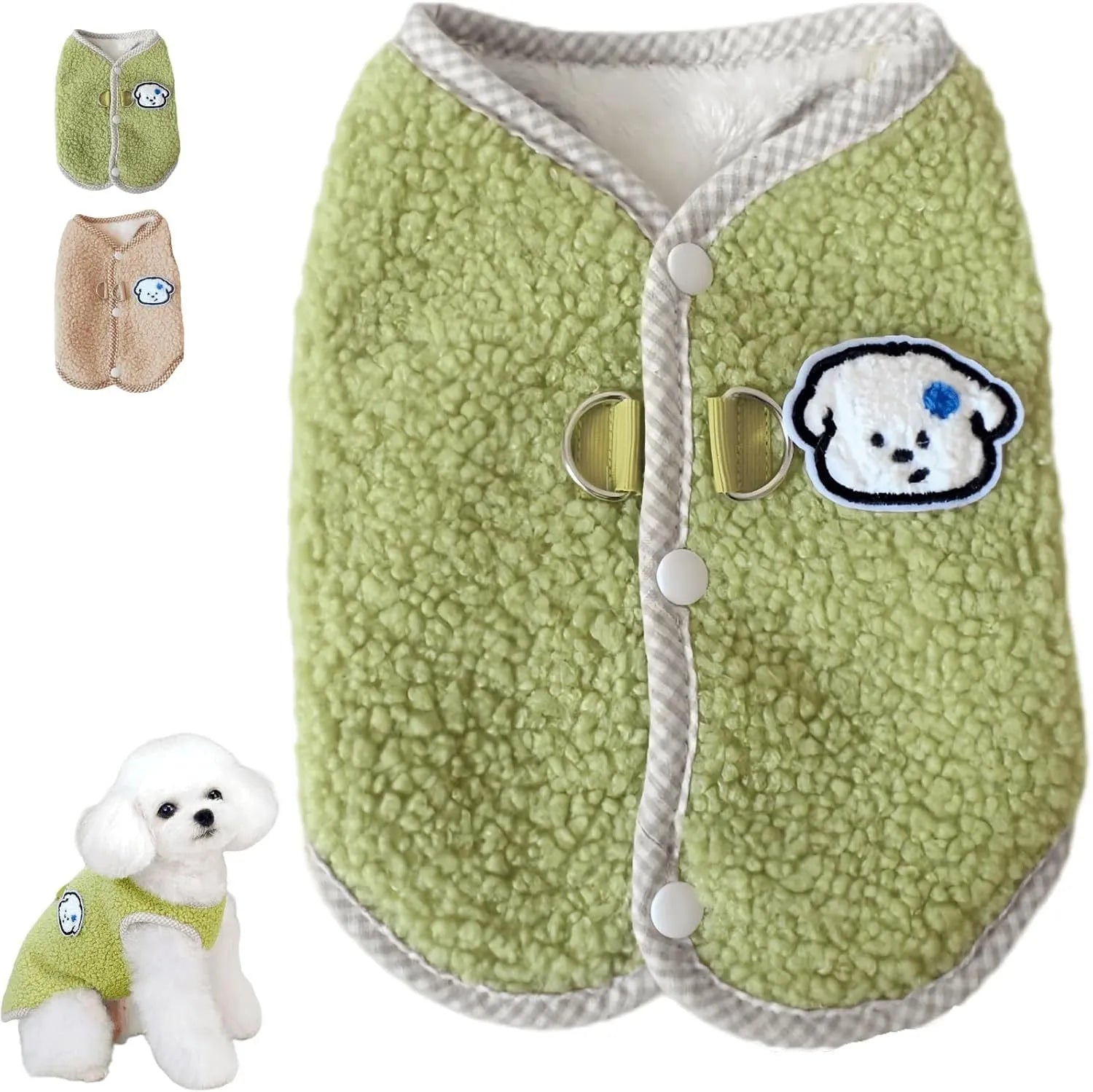 Green dog fleece vest with leash ring for small dogs in winter