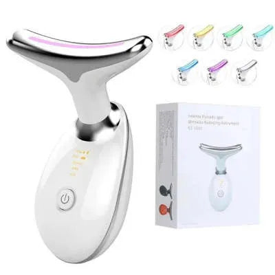 Black and silver EMS thermal neck lifting massager with LED lights for wrinkle reduction and skin tightening.