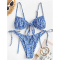 Women's printed multi-rope banded bikini swimsuit in blue or pink polyester with short sleeves