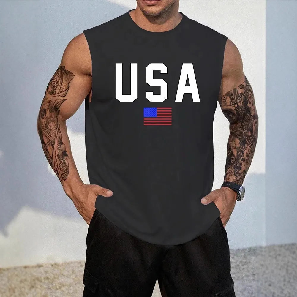 Men's sleeveless polyester vest top in dark heather grey with printed design, available in sizes S to XXXXL