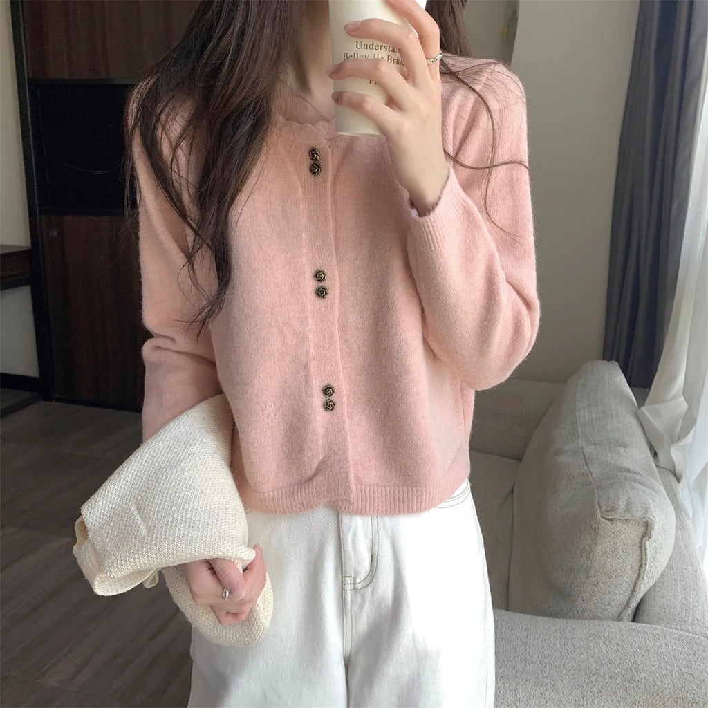 Women's long-sleeved acrylic cardigan coat in milky white, shown in a regular fit.