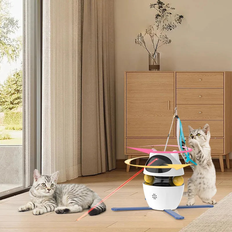 White automatic cat toy with rotating colourful stick and elastic rope for indoor pet entertainment