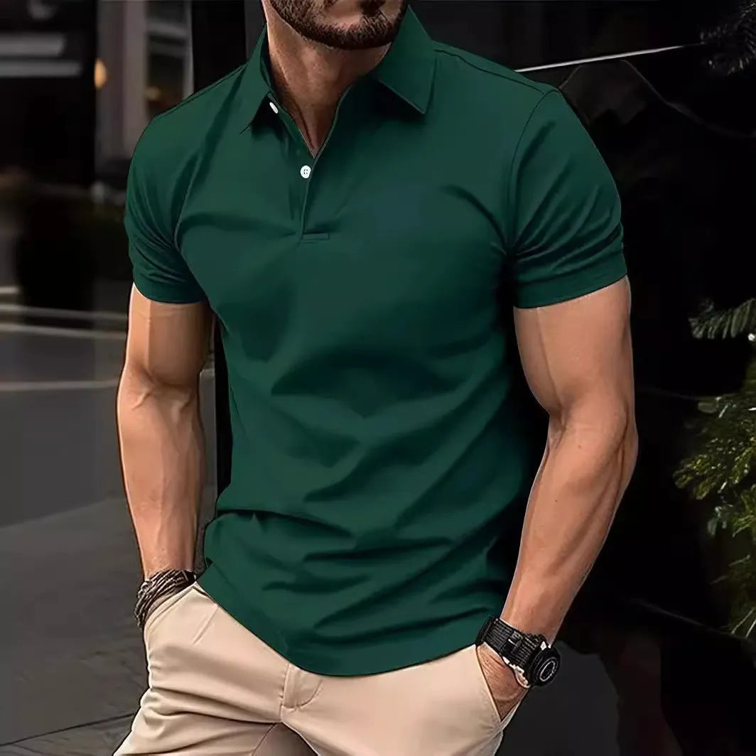 Man wearing a slim-fit solid colour short sleeve button-up casual shirt in a cotton blend fabric.