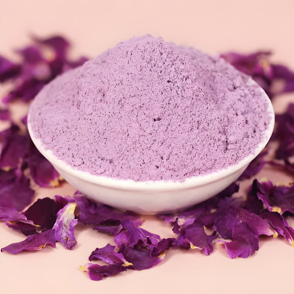 Natural water-soluble rose face mask powder in 50g, 100g, and 1000g pack sizes for home skincare use