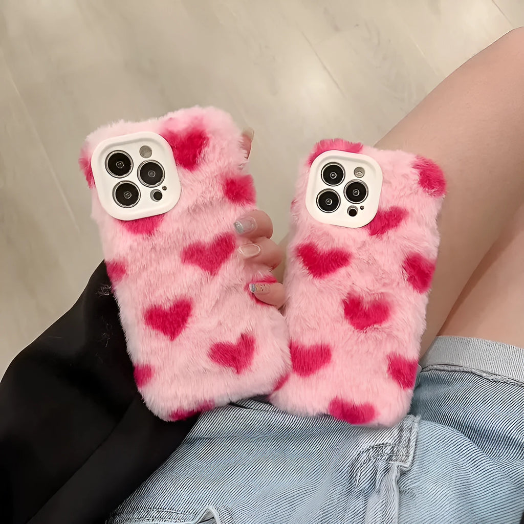 Pink silicone iPhone case with Love Plush cartoon design, shown as a back cover.